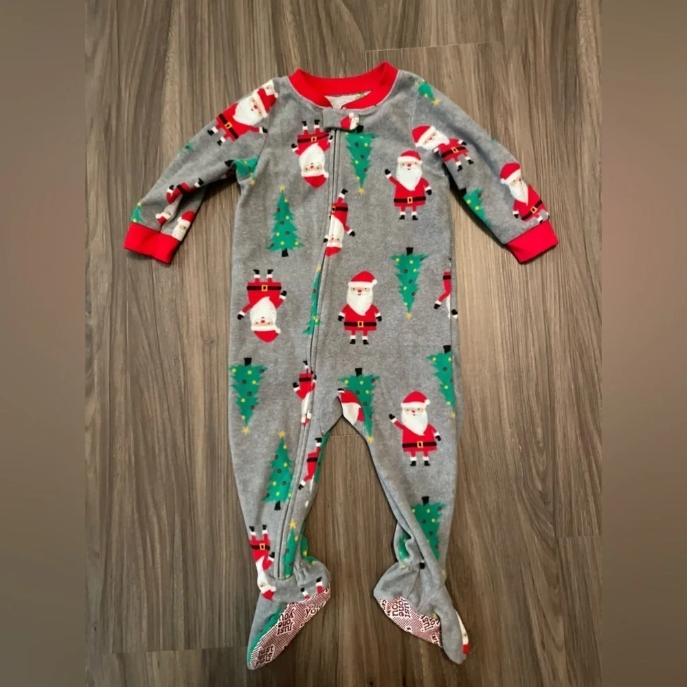 Carter's Santa Gray and Red fleece Footies One Piece size 18 months